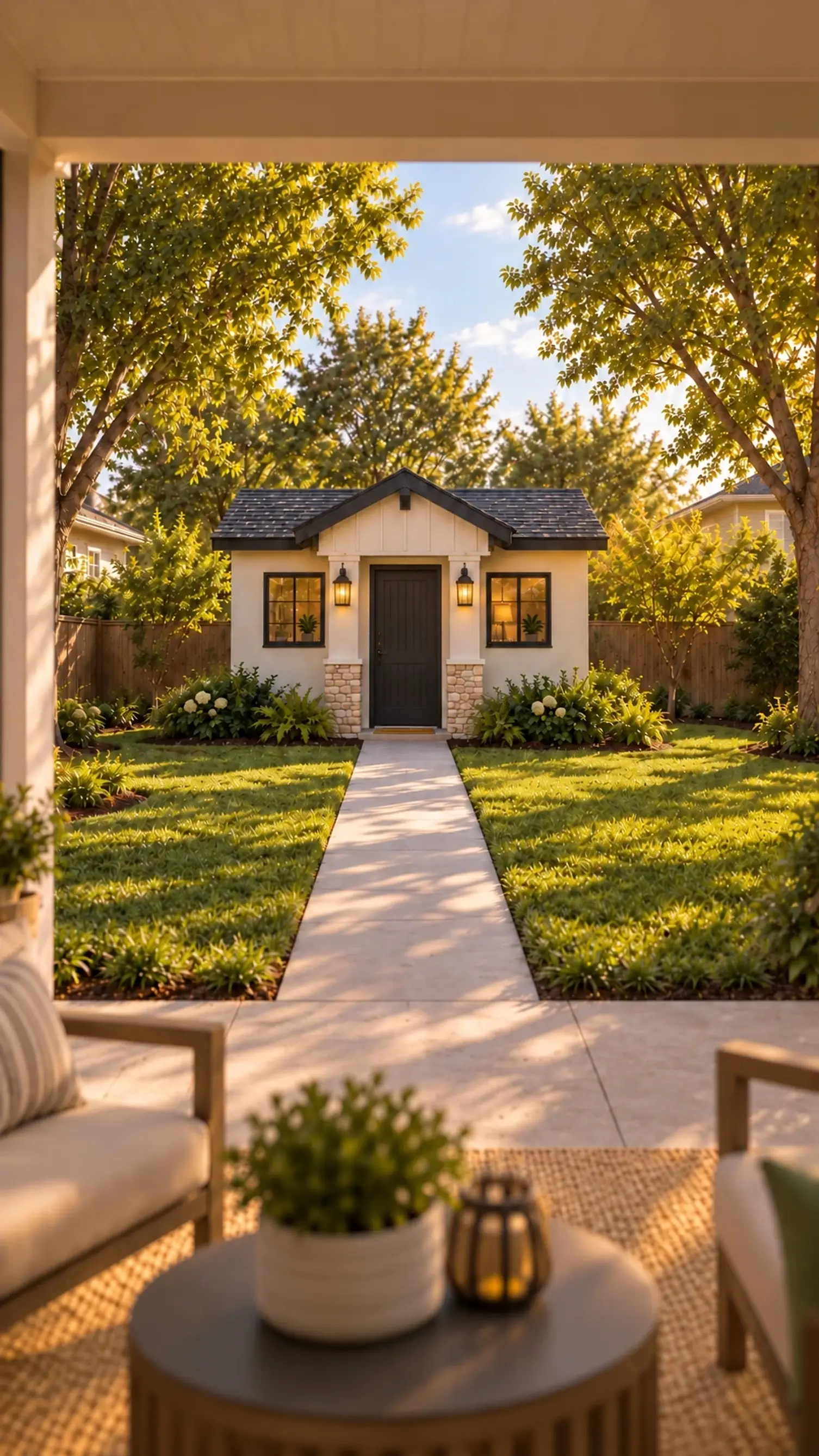 Rendering of the ADU 256 seen from the main house's covered patio at golden hour, a straight concrete walk leading across the lawn to its front door.