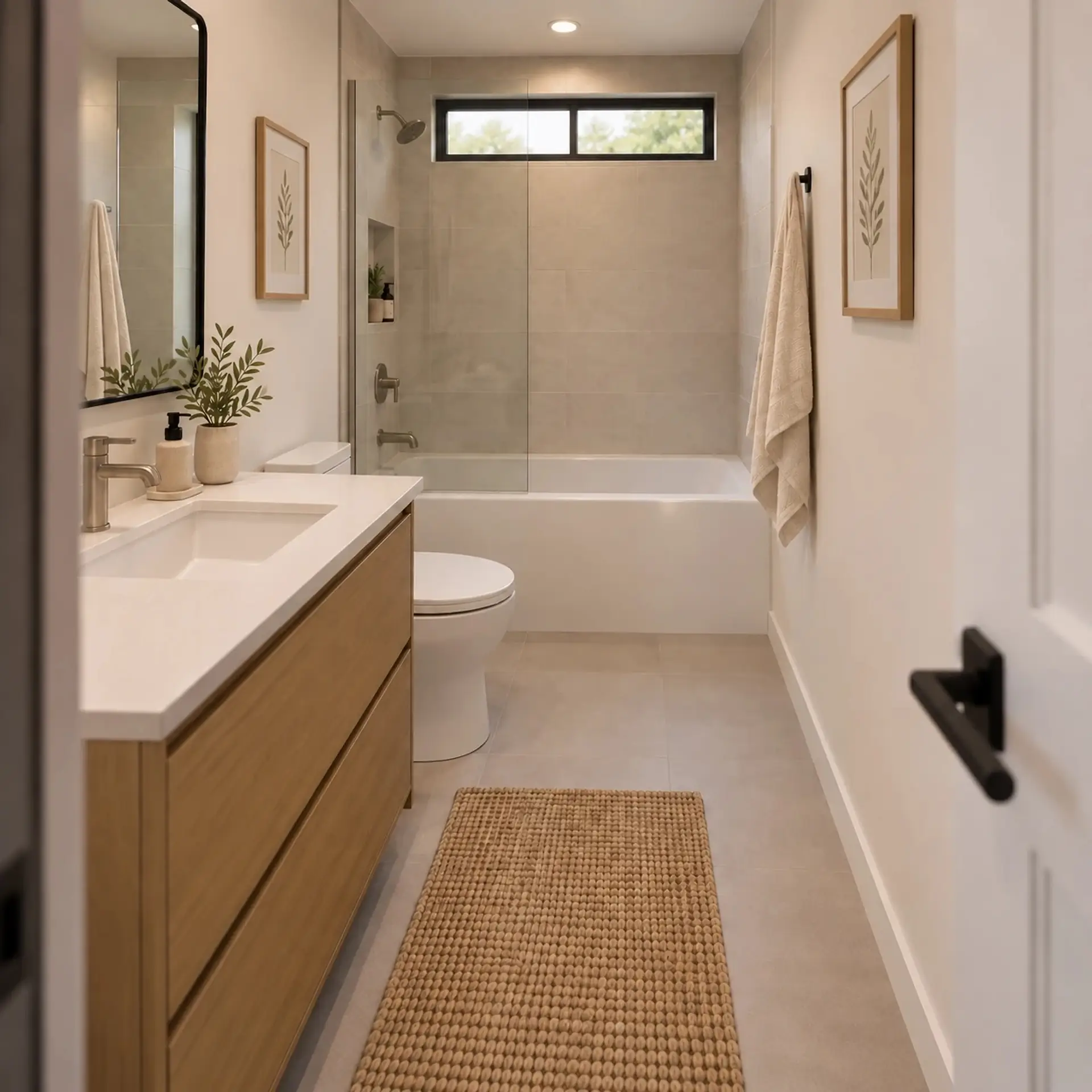 Rendering of the ADU 483 bathroom: a narrow strip window high above the tub-shower, toilet, and a light wood vanity.