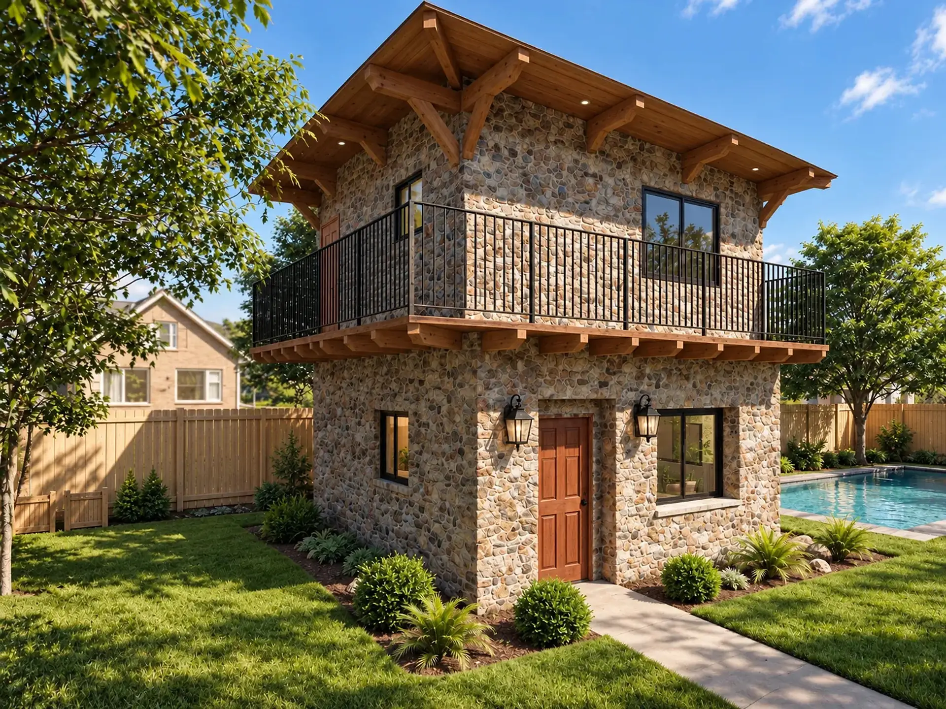 Rendering of the ADU 612 exterior: a two-story stone unit under a hip roof on wood brackets, with a wood front door between two lanterns, a deck with a black metal railing wrapping the upper floor, and a pool beside it.