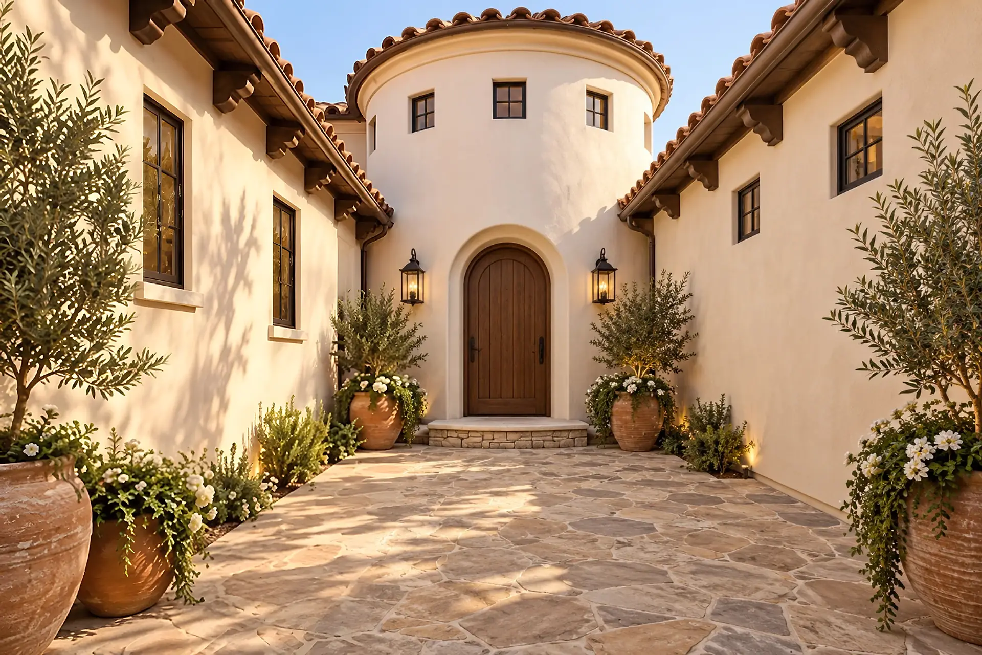 Rendering of the gated entry courtyard: flagstone paving and potted olive trees between two cream stucco wings, leading to the arched wood front door at the base of the round entry tower.