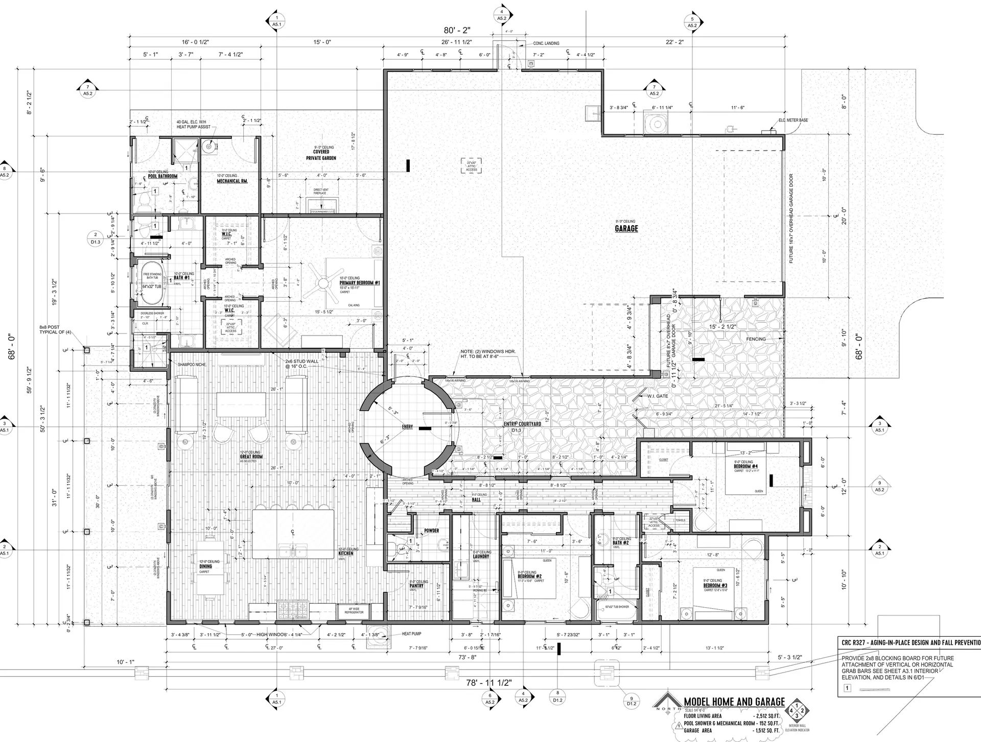 Floor plan of the Aria model home and garage: the great room with the kitchen and dining at the center, the round entry and the gated courtyard beside the garage, the primary suite with its covered garden at the top left, and three bedrooms along the hall.