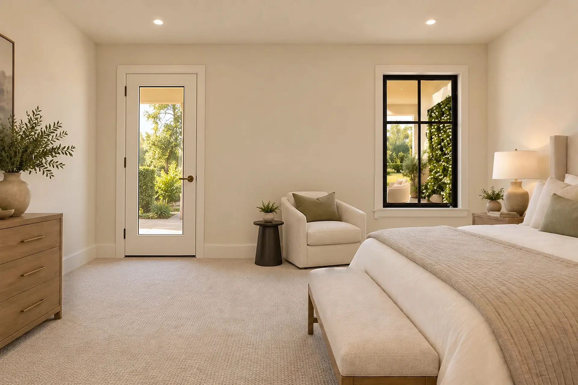 Rendering of the primary bedroom toward the covered garden: a glass-paneled garden door at the left end of the far wall and a black-framed window at its right end, an armchair and side table on the wall between them, the garden's swivel chair and jasmine trellis beyond, and the bed at the right.