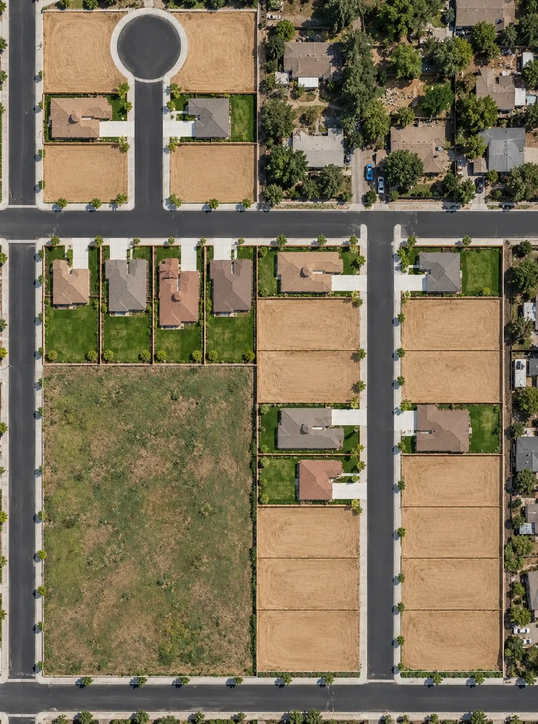Straight-down aerial rendering of the community: 26 lots, 11 with new homes and lawns, the rest graded dirt, with the streets and cul-de-sac.