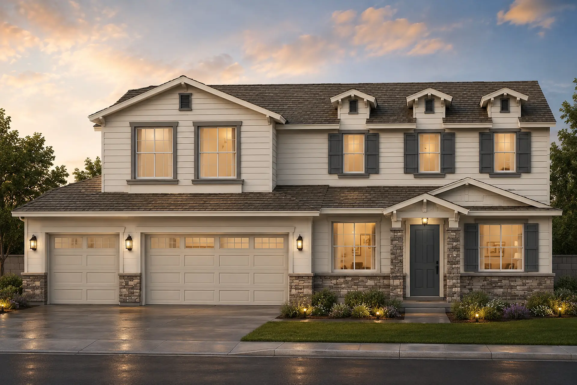 Rendering of a two-story home at dusk: light lap siding, a three-car garage with windowed doors on the left, a stone-trimmed covered entry, shutters on the upper windows and warm light in every window.